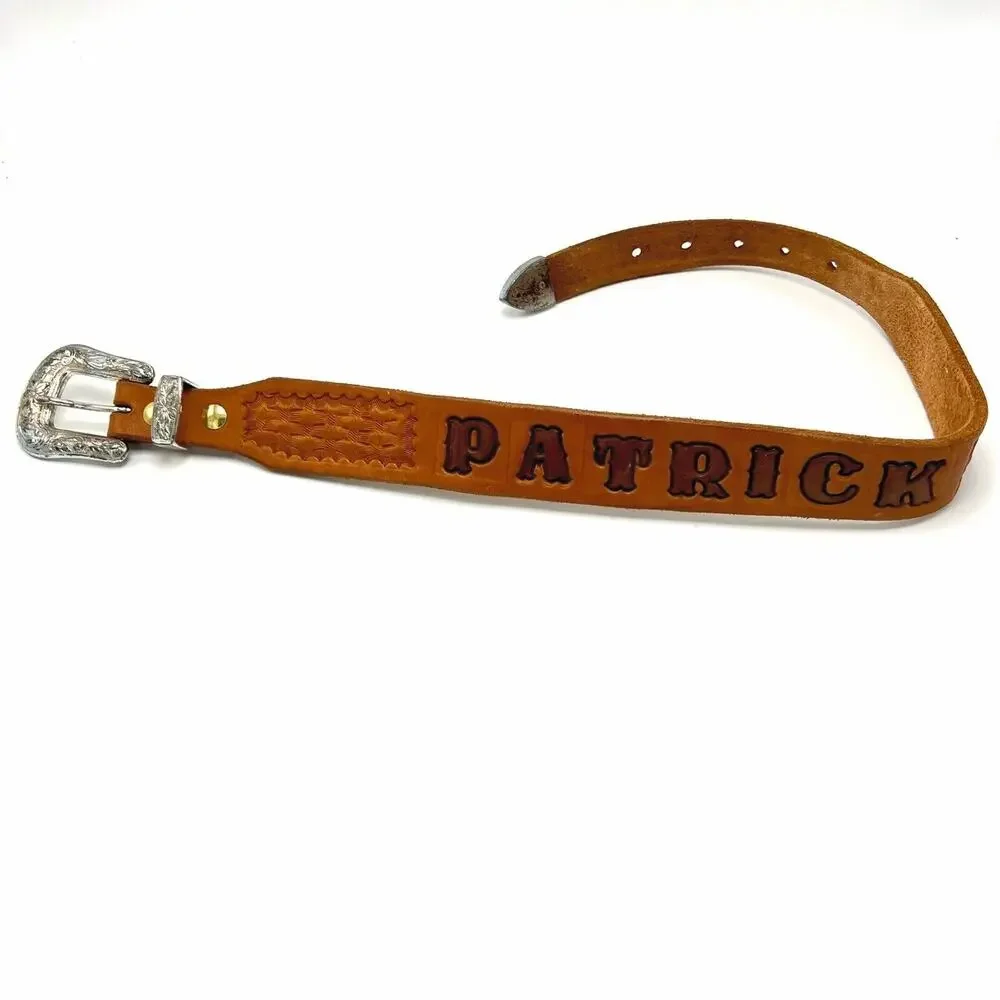Patrick Boys Hand Tooled Leather Western Name Belt 22 Tan Basketweave Cowboy